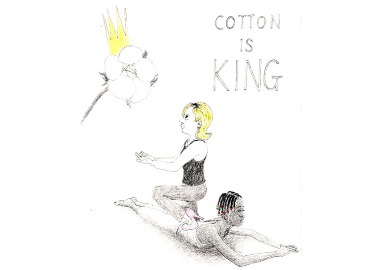 A white woman tremples a black woman underfoot while looking at a stylized cotton boll with a crown